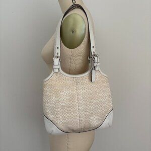 Vintage COACH Off White Small Signature Fabric Print Leather Trim Shoulder Bag